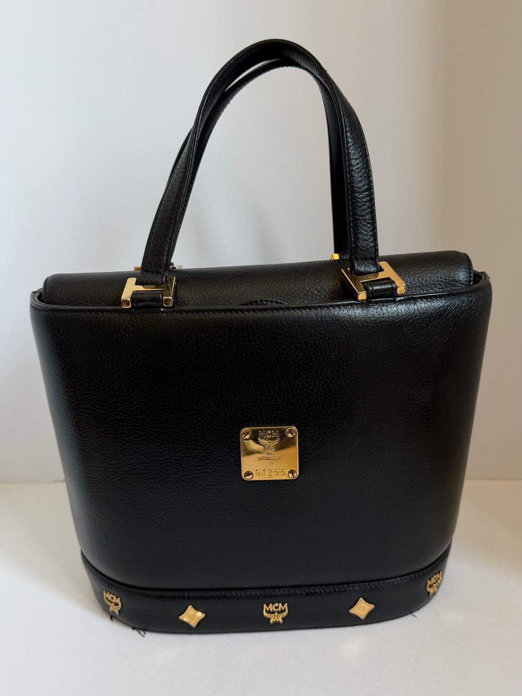 Mcm Black Leather Satchel With Gold Logo Plate And Studs - Germany